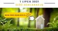 Grafika przedstawiająca drewniany element w kształcie domu stojący na leśnym podłożu. Po obu stronach grafiki paprocie. Podpis: 1 lipca 2021 złóż deklarację. www.zone.gunb.gov.pl